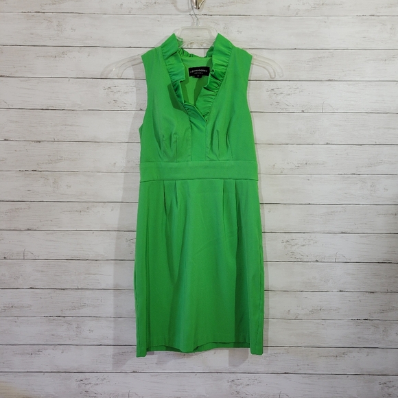 Green Sheath Knee Length Ruffle Dress Size 6 Petite - Picture 1 of 10